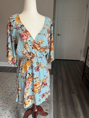 Women’s Light Blue Floral Wrap Mini Garden Girl Cottagecore Dress